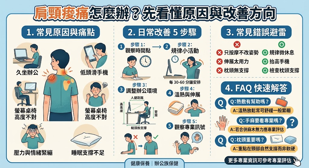 肩頸痠痛是許多上班族、低頭族與長時間使用電腦者常見的不適問題，常與久坐、姿勢不良、壓力緊繃、睡眠支撐不足及活動量不足有關。本文整理肩頸痠痛的常見原因、日常改善步驟、錯誤避雷與保養技巧，幫助讀者了解如何從工作環境、生活習慣與放鬆方式開始調整，減少肩頸痠痛反覆發生的機會。