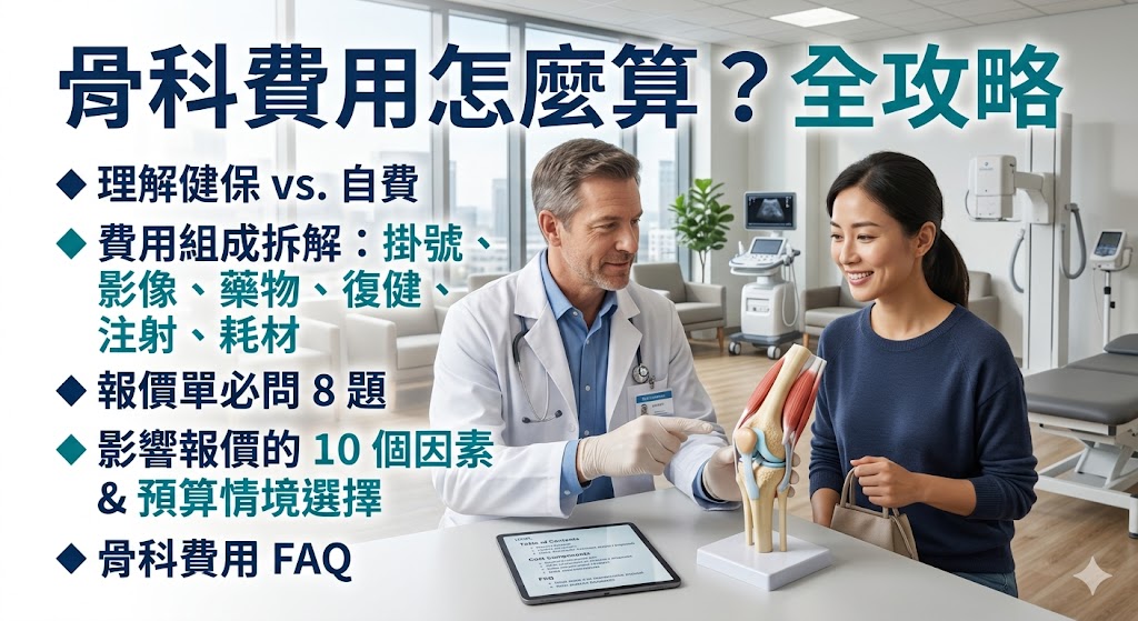 骨科費用會因就診需求、檢查項目、治療方式與自費方案不同而有所差異，第一次看骨科時，建議先了解掛號診察、影像檢查、復健治療、注射處置、輔具耗材與後續追蹤是否包含在報價內。本文從骨科費用組成、影響價格因素、預算情境與報價單必問問題出發，幫助你在看診前掌握費用怎麼算，降低資訊落差並更安心評估適合自己的骨科治療方案。